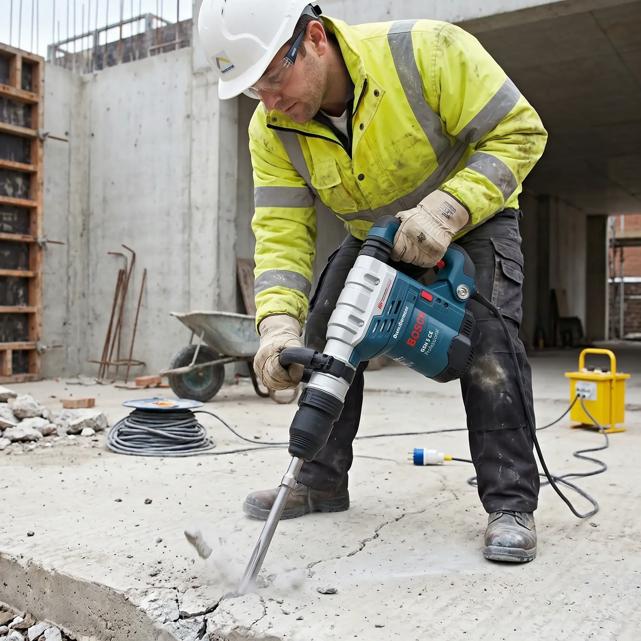 Light Breaker Hire London | DeWalt 110V SDS Max Demolition Hammer 1 Worker in hi-vis using light breaker hire to demolish concrete on outdoor London construction site with Bosch GSH 5 CE