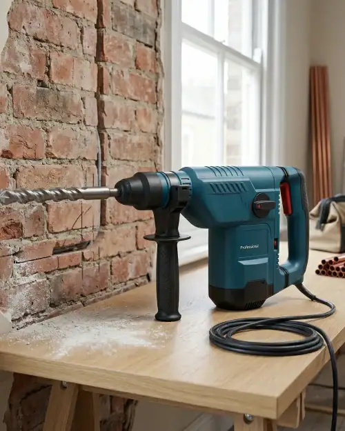 Rotary Hammer Hire London | Bosch GBH 11 DE SDS Max Combi Hammer (11kg) 12 Bosch GBH 11 DE SDS Max rotary hammer demolishing brick wall with chisel bit in heavy-duty construction use