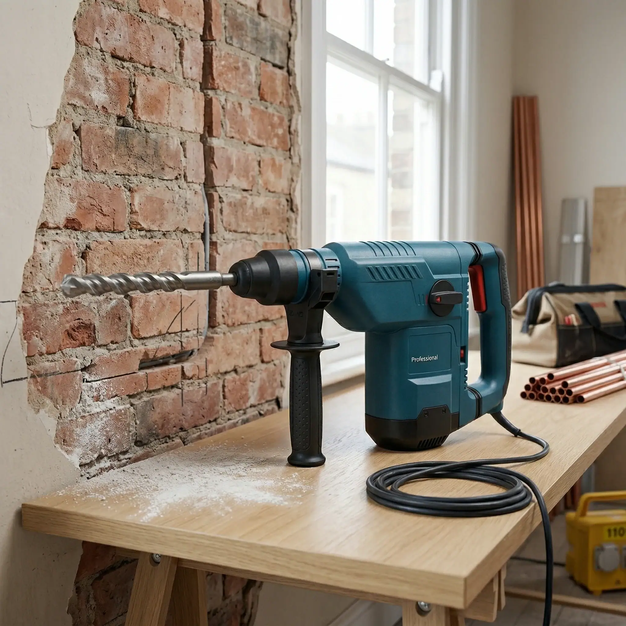 Rotary Hammer Hire London | Bosch GBH 11 DE SDS Max Combi Hammer (11kg) 3 Bosch GBH 11 DE SDS Max rotary hammer demolishing brick wall with chisel bit in heavy-duty construction use