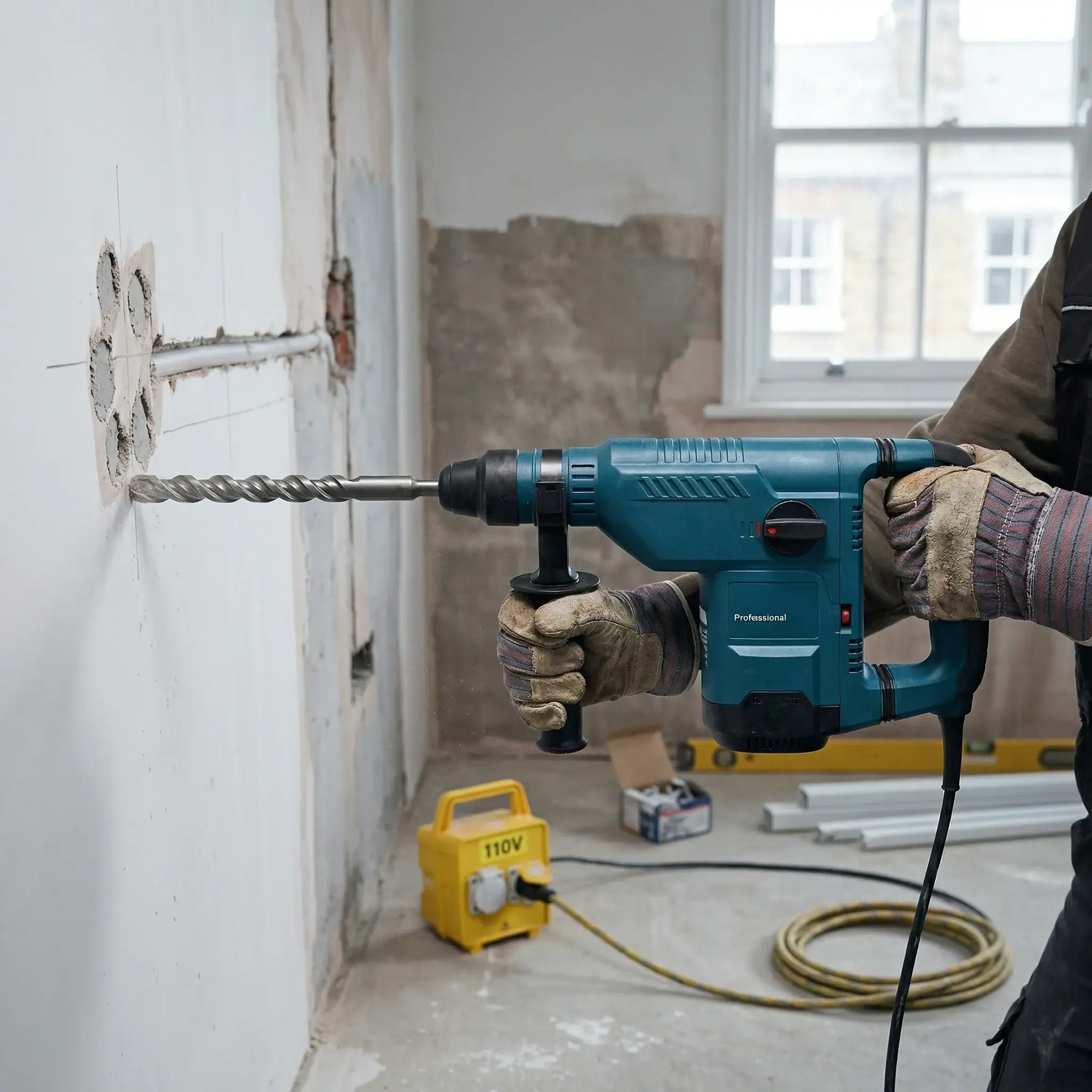 Rotary Hammer Hire London | Bosch GBH 11 DE SDS Max Combi Hammer (11kg) 4 Operator chasing cable channel into plaster wall using Bosch GBH 11 DE SDS Max rotary hammer on renovation site