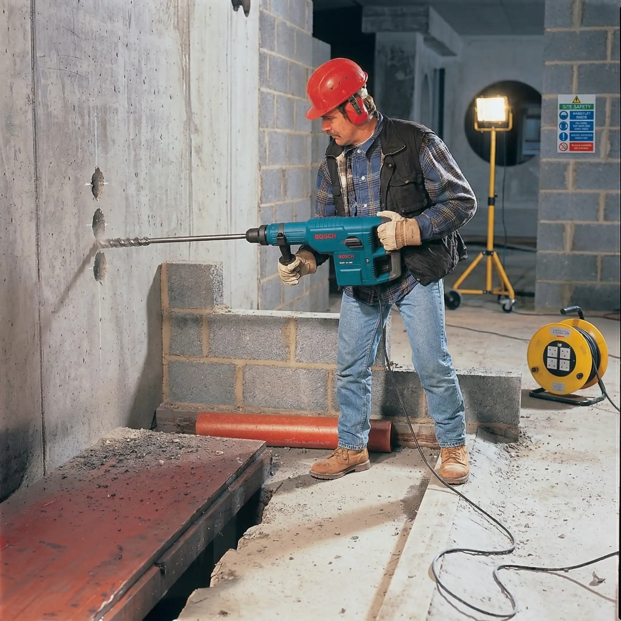 Rotary Hammer Hire London | Bosch GBH 11 DE SDS Max Combi Hammer (11kg) 5 Construction worker drilling into concrete wall with Bosch SDS Max rotary hammer hire on active building site with safety board