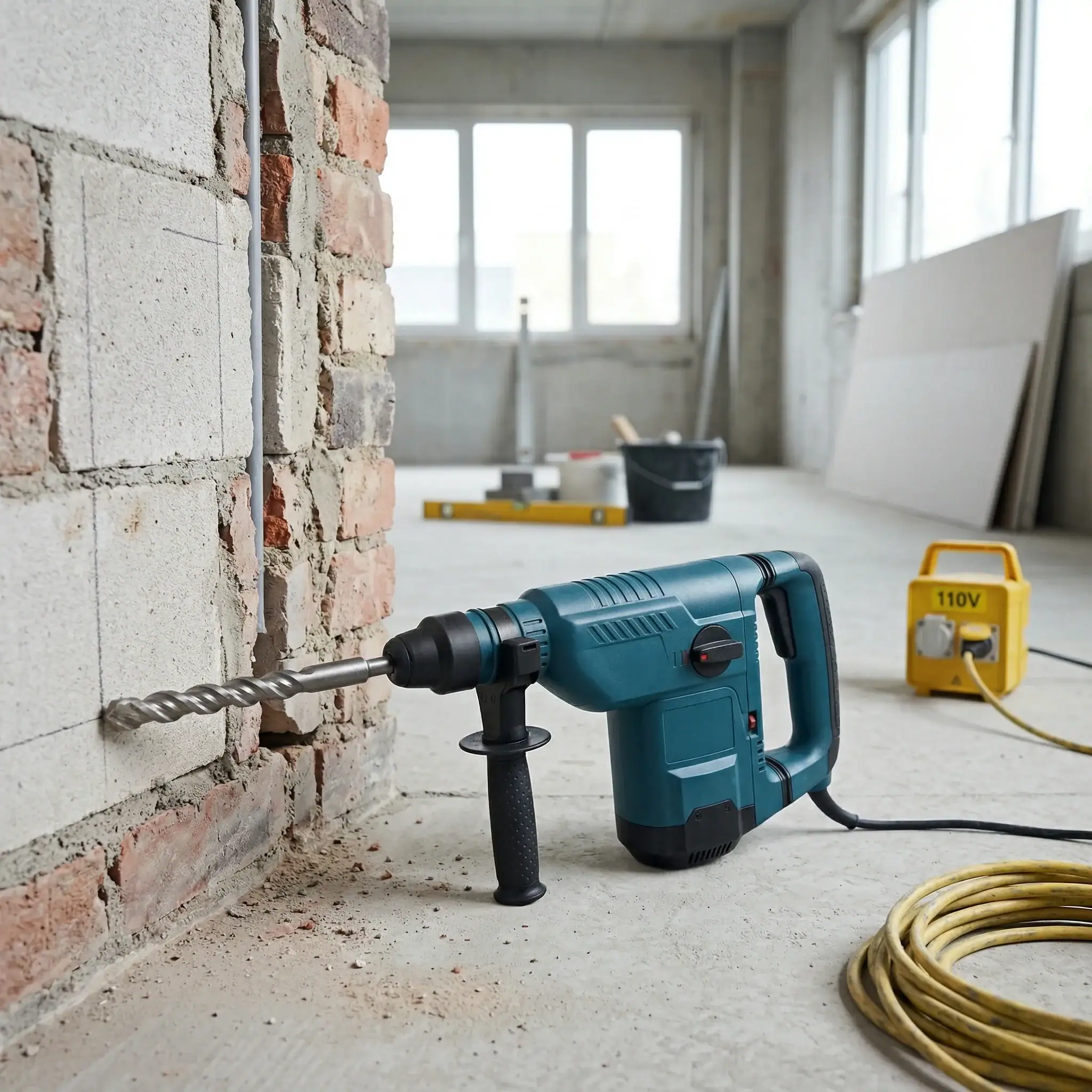 Rotary Hammer Hire London | Bosch GBH 11 DE SDS Max Combi Hammer (11kg) 6 Rotary hammer hire London 110V site-safe drilling into exposed brick wall during interior renovation with transformer visible