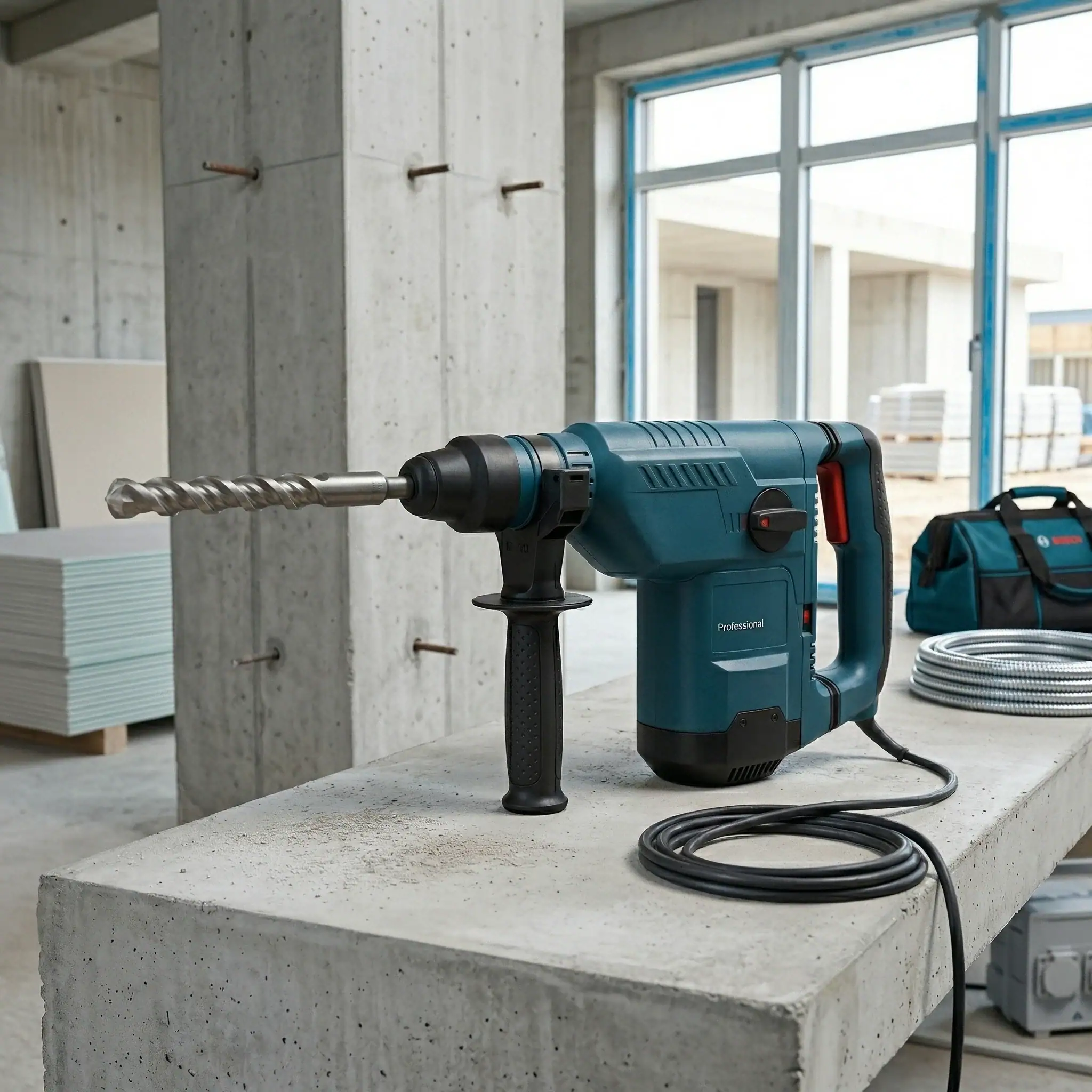Rotary Hammer Hire London | Bosch GBH 11 DE SDS Max Combi Hammer (11kg) 7 Bosch Professional GBH 11 DE rotary hammer with SDS Max drill bit held on construction site ready for concrete drilling