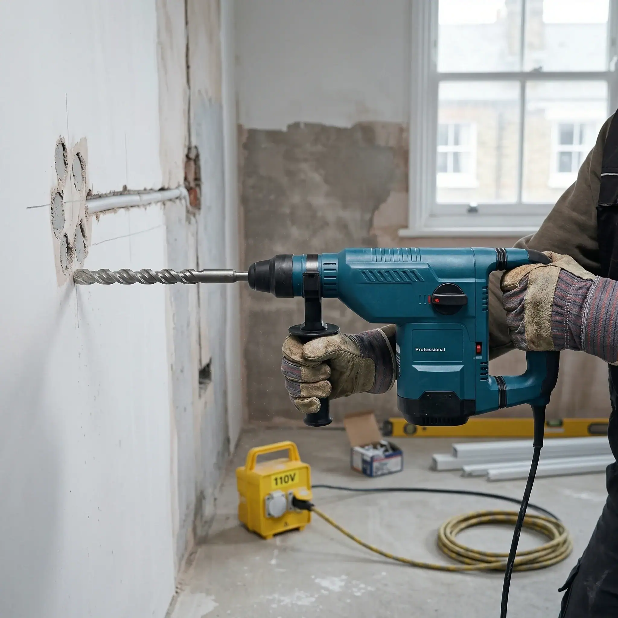Rotary Hammer Hire London | Bosch GBH 11 DE SDS Max Combi Hammer (11kg) 1 Bosch GBH 11 DE 11kg rotary hammer hire chasing wall channel for electrical installation on London renovation site