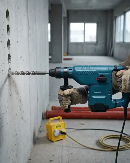Rotary Hammer Hire London | Bosch GBH 11 DE SDS Max Combi Hammer (11kg) 19 Close-up of Bosch Professional rotary hammer drilling into concrete wall showing SDS Max bit and operator gloved hands
