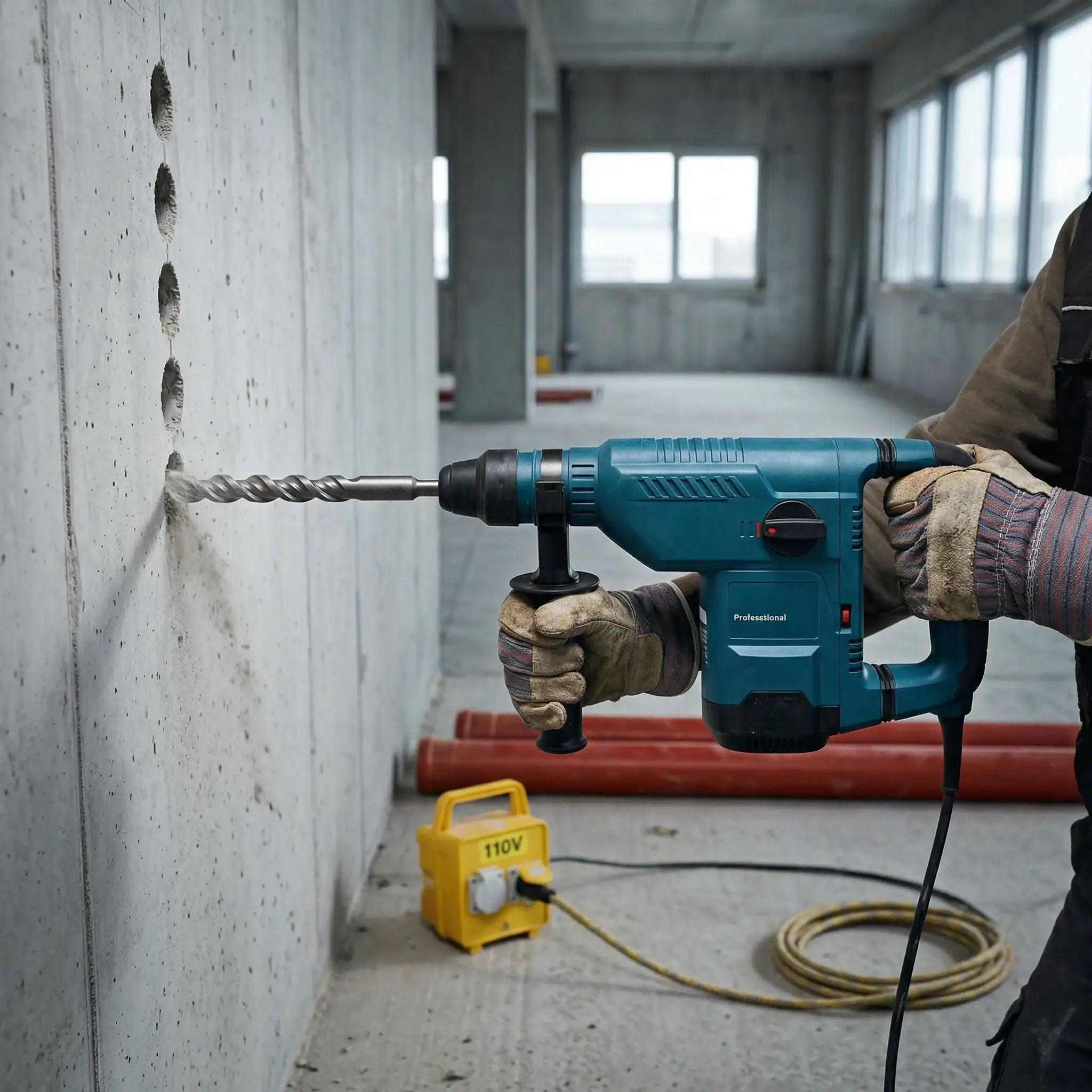 Rotary Hammer Hire London | Bosch GBH 11 DE SDS Max Combi Hammer (11kg) 10 Close-up of Bosch Professional rotary hammer drilling into concrete wall showing SDS Max bit and operator gloved hands