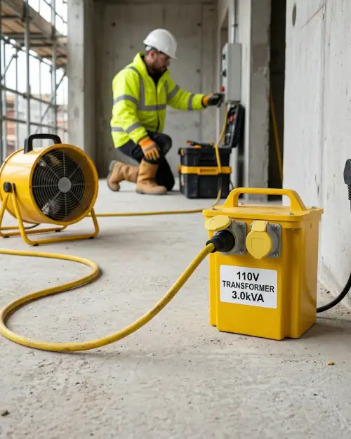 3kVA Site Transformer Hire London | 240V to 110V Heater Transformer (16A) 9 Construction worker connecting 3kVA heater transformer to yellow industrial fan heater on site