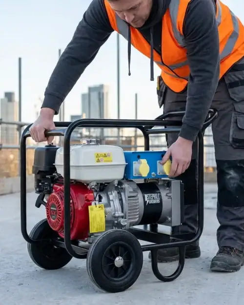 Worker in hi-vis starting a 5kVA Stephill petrol generator on a construction site rooftop