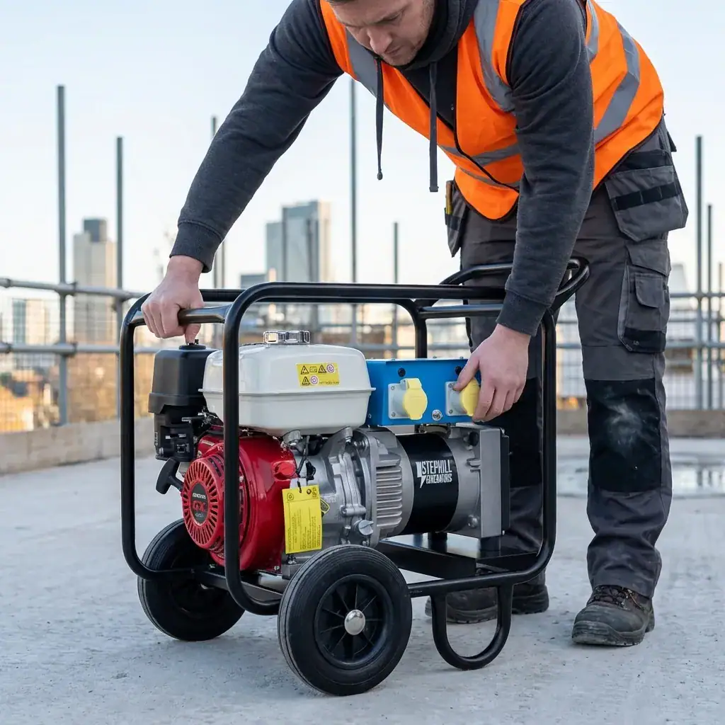 5kVA Generator Hire London | Petrol 110V and 240V Site Generator (Wheel Kit) 2 Worker in hi-vis starting a 5kVA Stephill petrol generator on a construction site rooftop