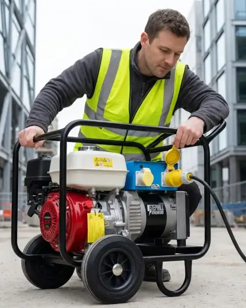 5kVA Generator Hire London | Petrol 110V and 240V Site Generator (Wheel Kit) 10 Site worker in hi-vis checking controls on a portable 5kVA Stephill petrol generator before use