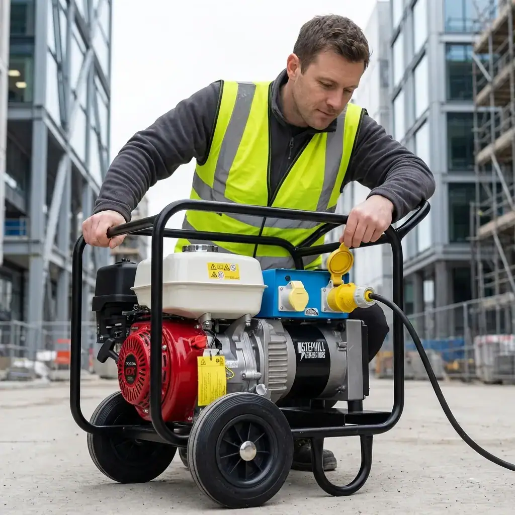 5kVA Generator Hire London | Petrol 110V and 240V Site Generator (Wheel Kit) 4 Site worker in hi-vis checking controls on a portable 5kVA Stephill petrol generator before use