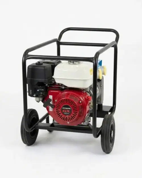 5kVA Generator Hire London | Petrol 110V and 240V Site Generator (Wheel Kit) 9 Rear view of 5kVA portable petrol generator showing Honda GX engine and metal roll cage frame
