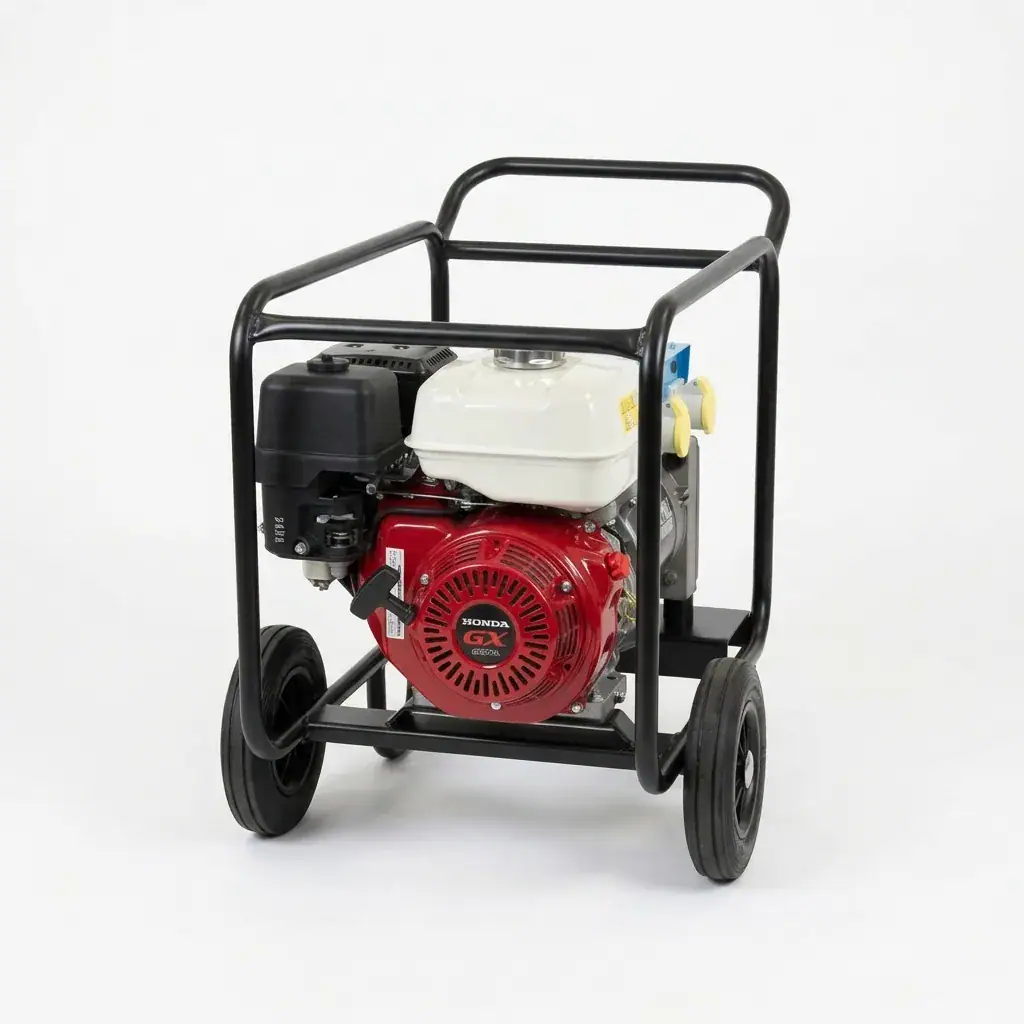5kVA Generator Hire London | Petrol 110V and 240V Site Generator (Wheel Kit) 3 Rear view of 5kVA portable petrol generator showing Honda GX engine and metal roll cage frame