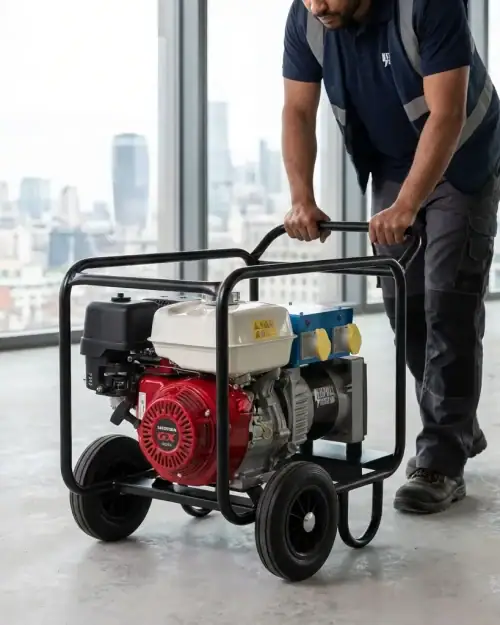 5kVA Generator Hire London | Petrol 110V and 240V Site Generator (Wheel Kit) 11 Worker wheeling portable 5kVA petrol generator on its wheel kit across an indoor construction site