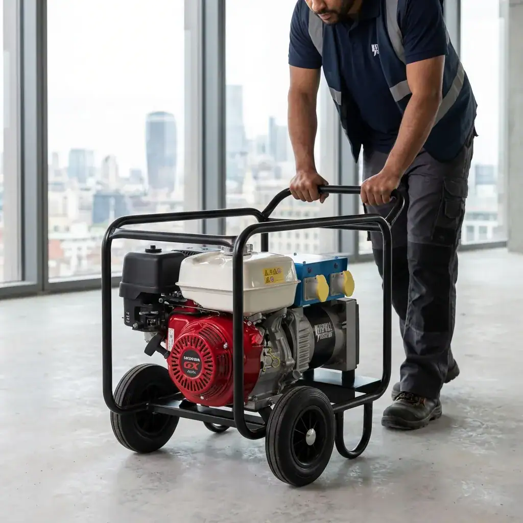 5kVA Generator Hire London | Petrol 110V and 240V Site Generator (Wheel Kit) 5 Worker wheeling portable 5kVA petrol generator on its wheel kit across an indoor construction site