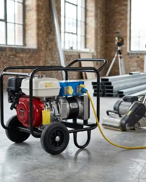5kVA Generator Hire London | Petrol 110V and 240V Site Generator (Wheel Kit) 13 5kVA Stephill petrol generator on construction site floor with worker reaching for the roll cage handle