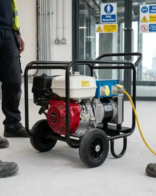5kVA Generator Hire London | Petrol 110V and 240V Site Generator (Wheel Kit) 12 5kVA petrol generator hire running on a construction site with PPE and safety signage in background