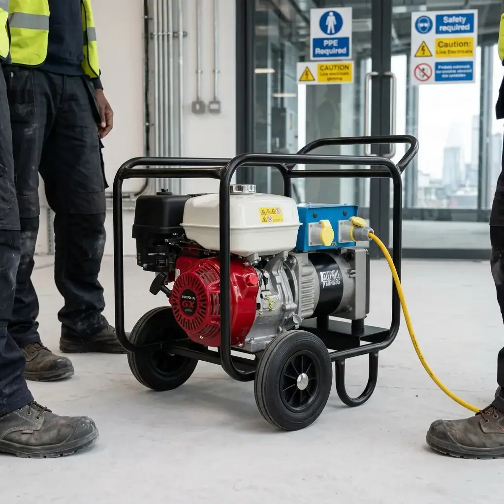 5kVA Generator Hire London | Petrol 110V and 240V Site Generator (Wheel Kit) 6 5kVA petrol generator hire running on a construction site with PPE and safety signage in background