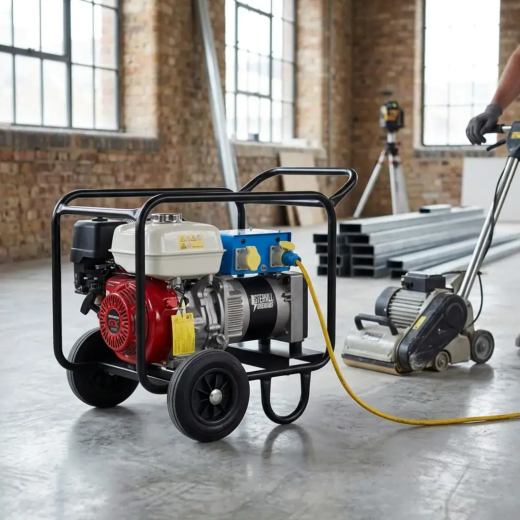 5kVA Generator Hire London | Petrol 110V and 240V Site Generator (Wheel Kit) 7 5kVA Stephill petrol generator on construction site floor with worker reaching for the roll cage handle