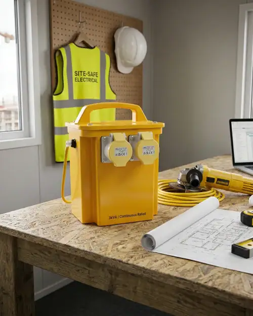 3kVA continuous rated site transformer with Site-Safe Electrical label on construction site workbench