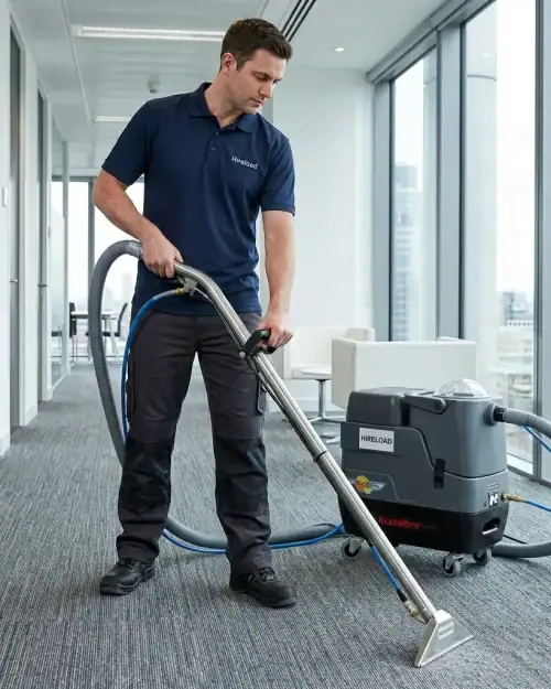 Hot water extraction carpet cleaner hire London – operative cleaning office corridor carpet