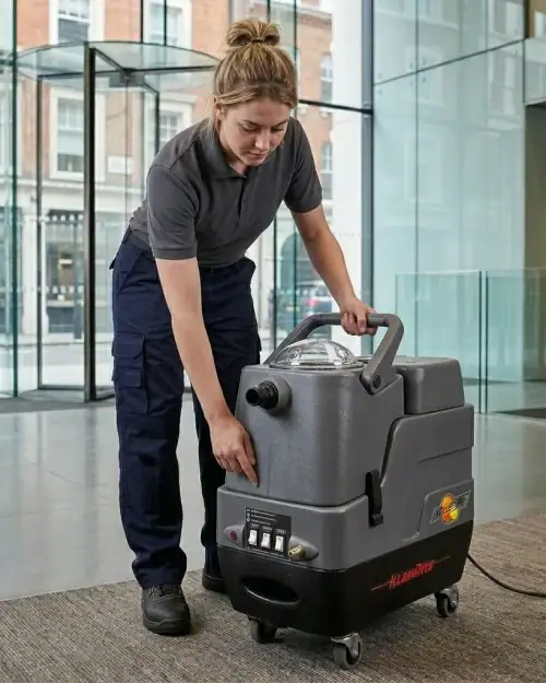 Hot Water Carpet Cleaner Hire London | Professional Carpet & Upholstery Cleaning Machine 21 Carpet cleaning machine hire London – KleenRite Sphere being set up in commercial lobby
