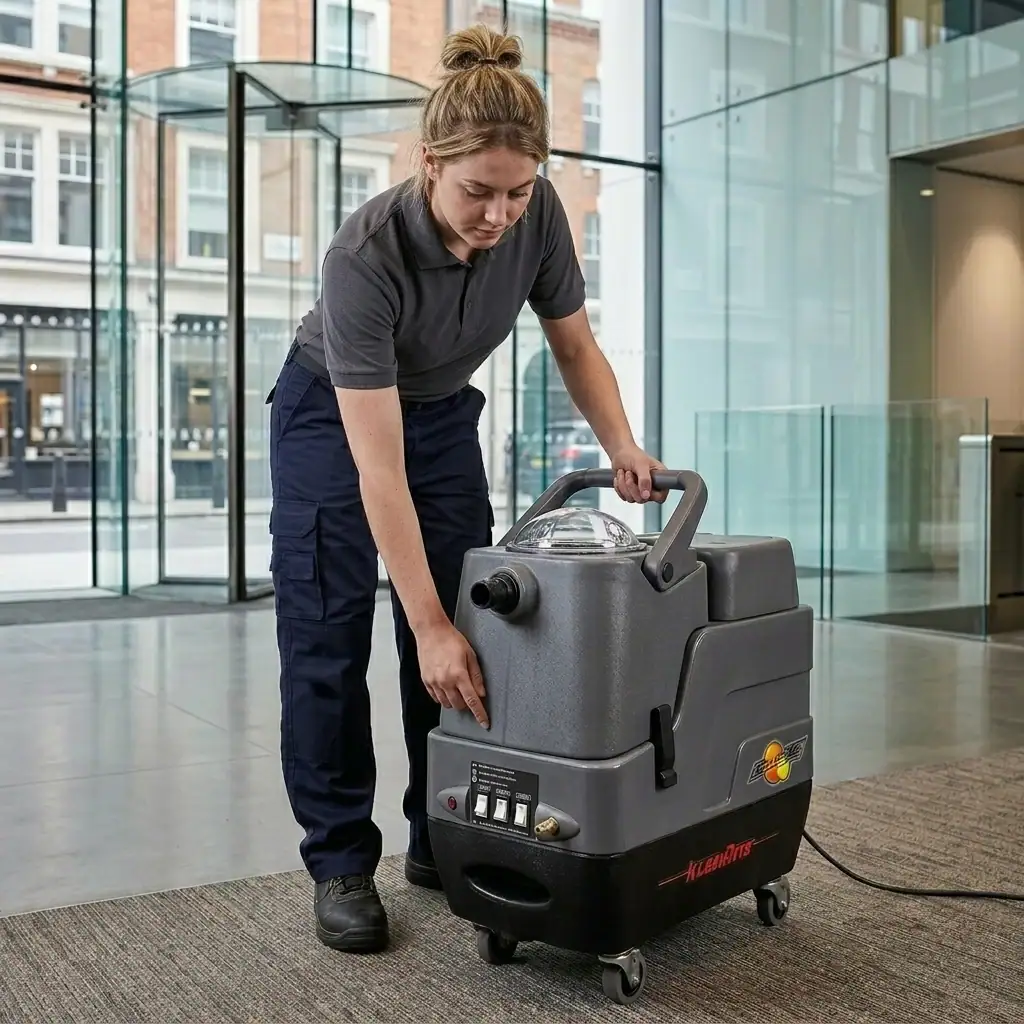 Hot Water Carpet Cleaner Hire London | Professional Carpet & Upholstery Cleaning Machine 7 Carpet cleaning machine hire London – KleenRite Sphere being set up in commercial lobby