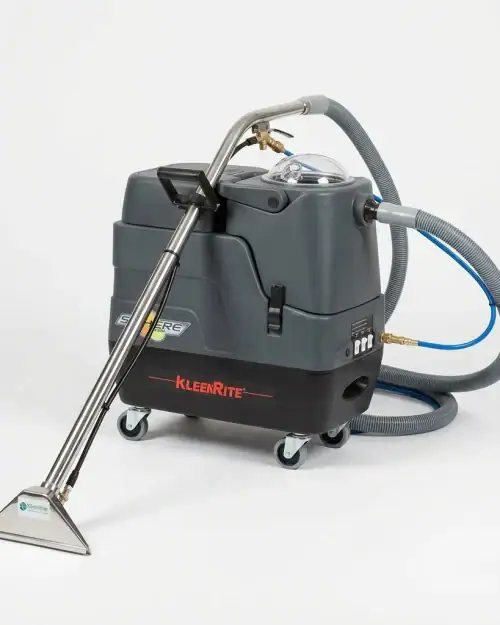 Hot Water Carpet Cleaner Hire London | Professional Carpet & Upholstery Cleaning Machine 25 KleenRite Sphere hot water carpet cleaner hire – side view with wand and solution hose attached