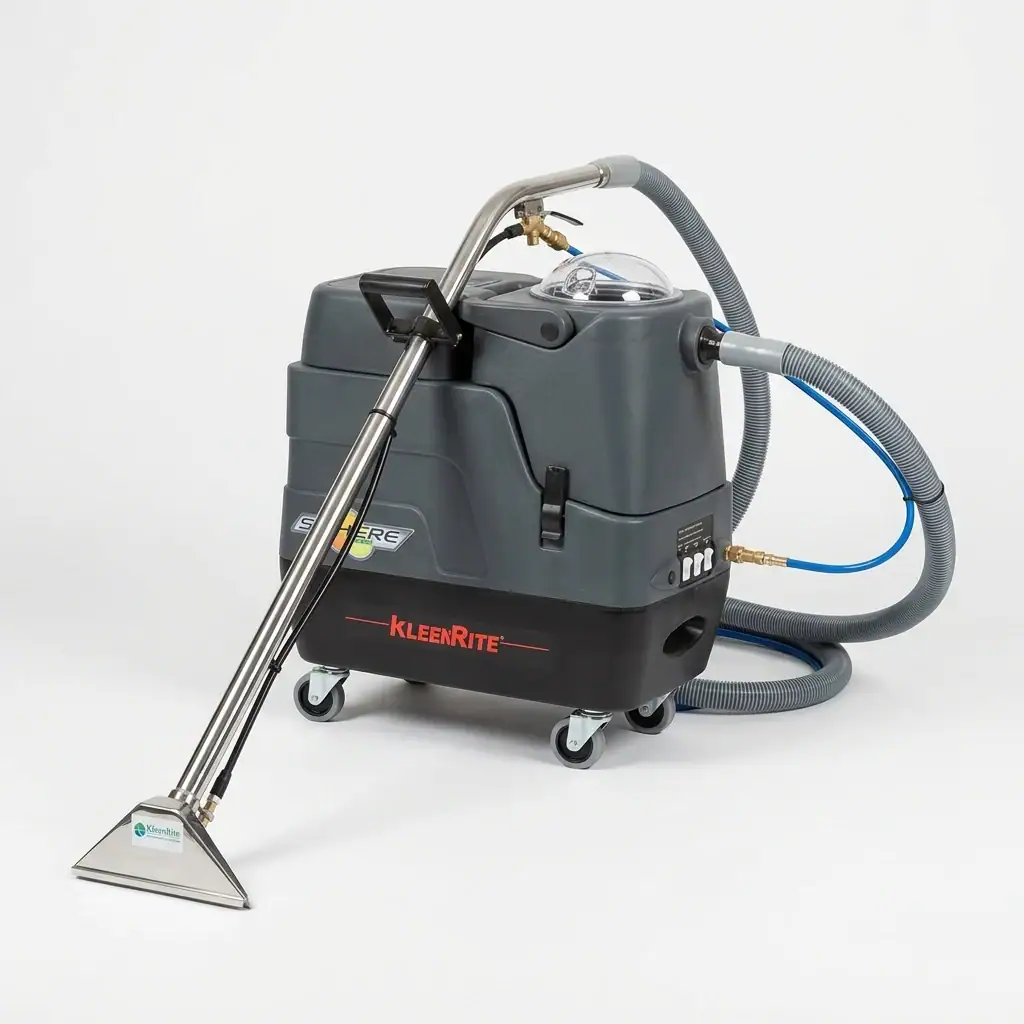 Hot Water Carpet Cleaner Hire London | Professional Carpet & Upholstery Cleaning Machine 11 KleenRite Sphere hot water carpet cleaner hire – side view with wand and solution hose attached
