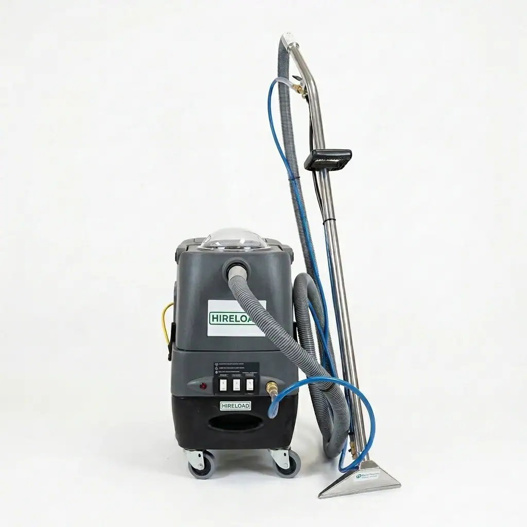 Hot Water Carpet Cleaner Hire London | Professional Carpet & Upholstery Cleaning Machine 10 KleenRite Sphere hot water carpet cleaner hire – front view with full hose and wand assembly