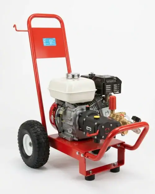 Petrol Pressure Washer Hire London | Heavy Duty 2450 PSI Jet Wash — No Mains Power Needed 14 Petrol pressure washer hire London – 2450 PSI heavy duty cleaner on red trolley frame, white studio product photo