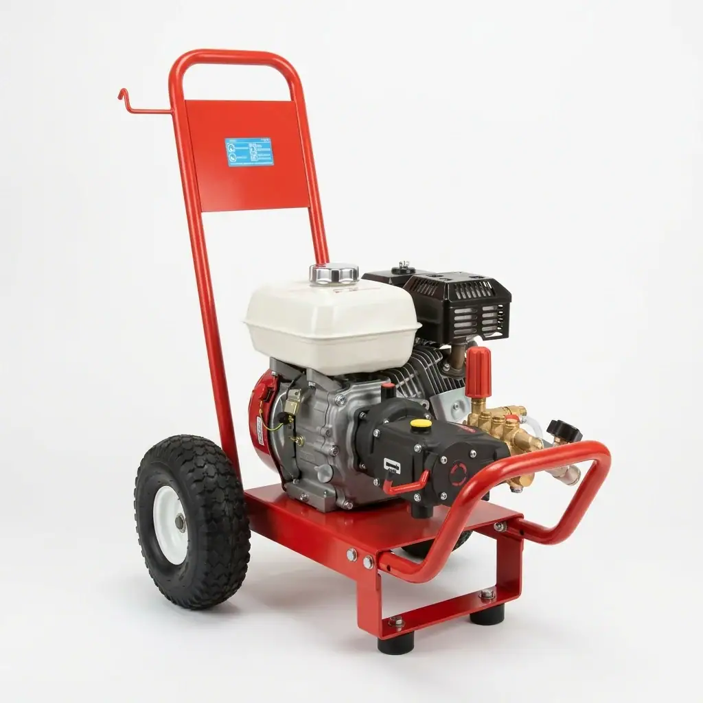 Petrol Pressure Washer Hire London | Heavy Duty 2450 PSI Jet Wash — No Mains Power Needed 7 Petrol pressure washer hire London – 2450 PSI heavy duty cleaner on red trolley frame, white studio product photo