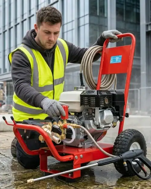 Petrol Pressure Washer Hire London | Heavy Duty 2450 PSI Jet Wash — No Mains Power Needed 10 Operative in hi-vis vest setting up petrol pressure washer hire London on a construction site with modern glass buildings in background