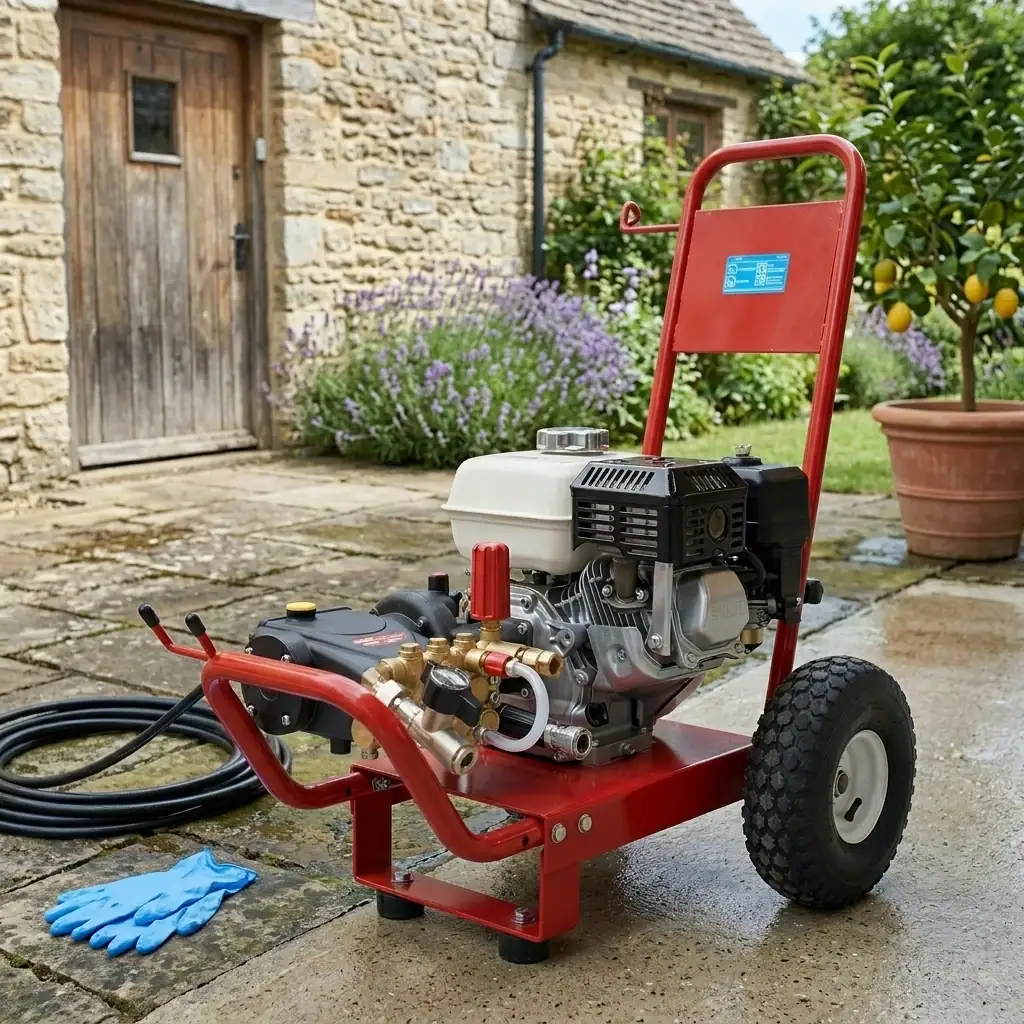 Petrol Pressure Washer Hire London | Heavy Duty 2450 PSI Jet Wash — No Mains Power Needed 5 Petrol pressure washer hire London positioned on a stone patio garden with lavender and lemon tree in background, ready for outdoor cleaning