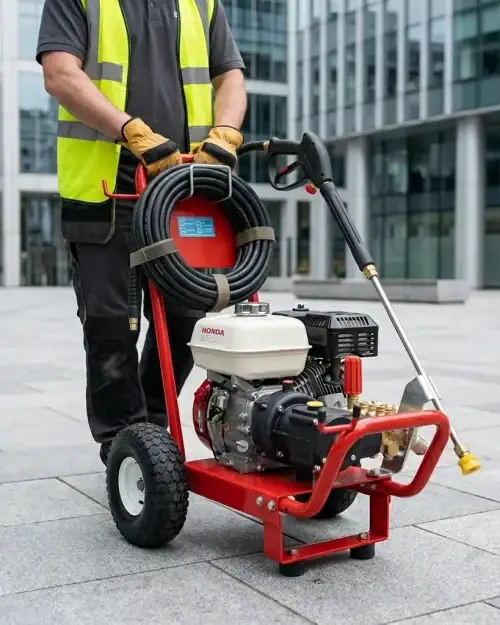 Petrol Pressure Washer Hire London | Heavy Duty 2450 PSI Jet Wash — No Mains Power Needed 11 Professional operative in hi-vis vest and leather gloves wheeling a Honda-powered petrol pressure washer hire London across a paved commercial area