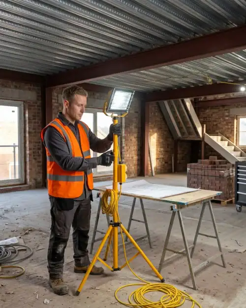 Worker in hi-vis vest adjusting 30W LED tripod floodlight on construction site with exposed ceiling beams