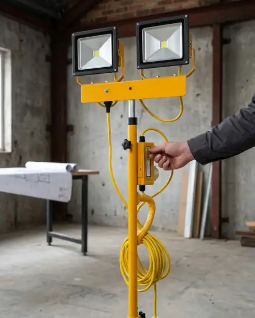 Close-up of 60W twin head LED floodlight on yellow bracket being adjusted on a construction site