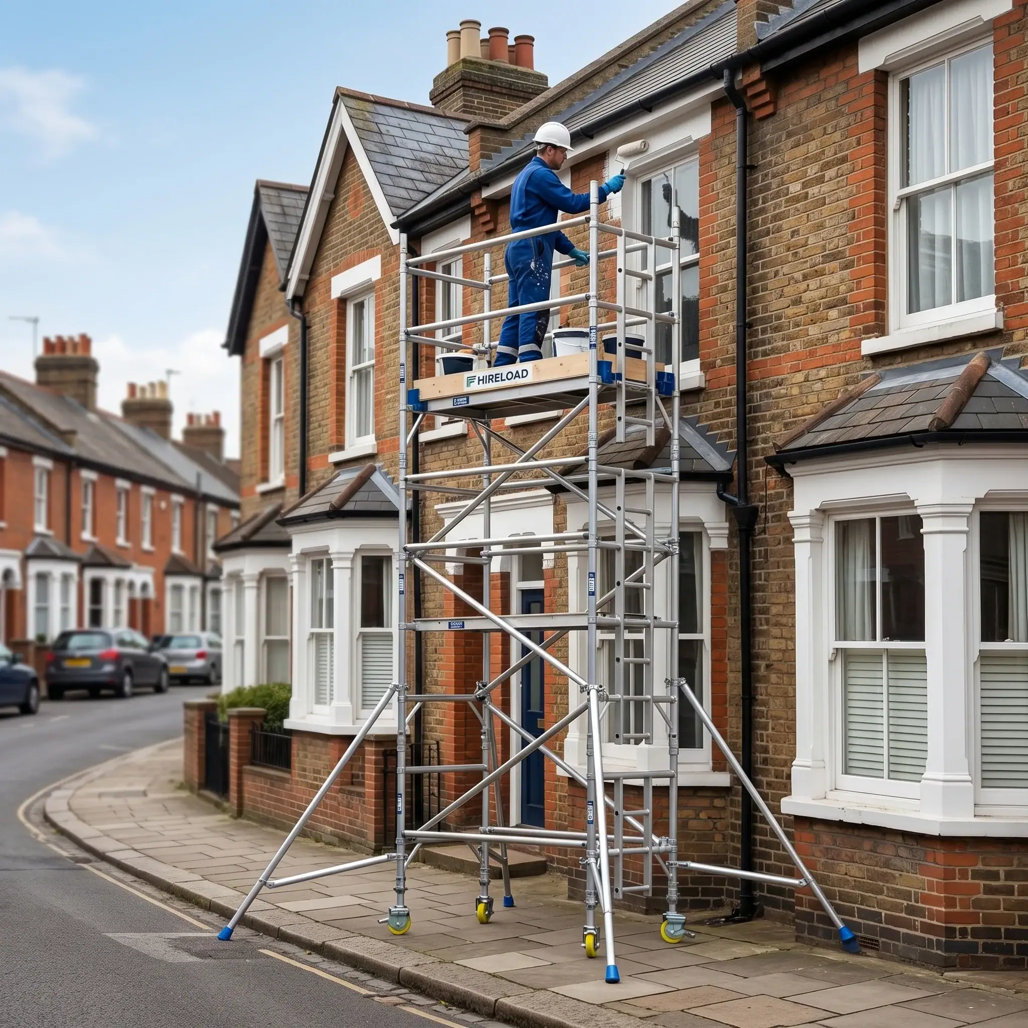 3T Scaffold Tower Hire 9 Painter working from 3T scaffold tower on terraced residential street