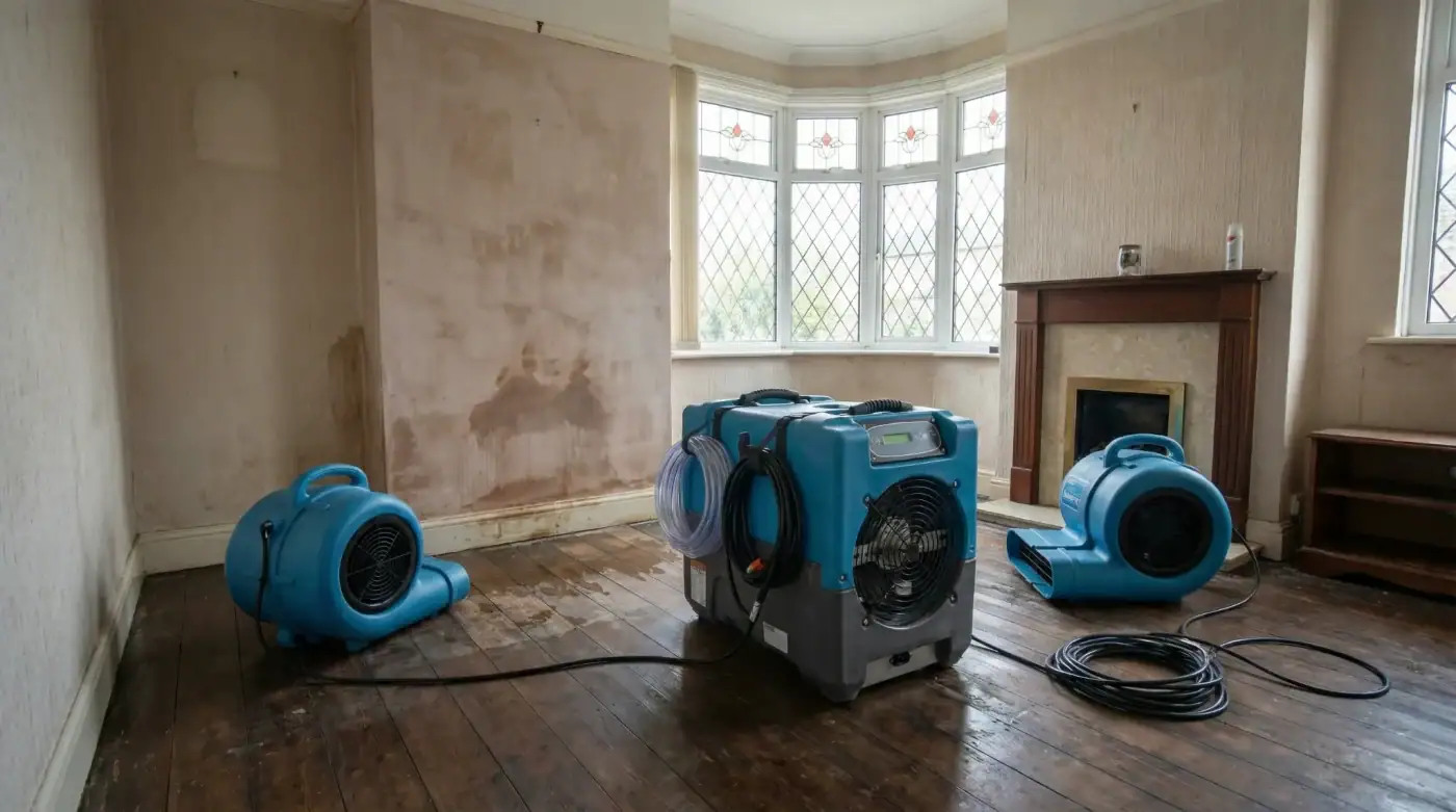Dry a Room Faster: Dehumidifier + 2 Air Movers (London Hire Guide) 6 Dehumidifier and 2 air movers drying a leak-affected room in a London home