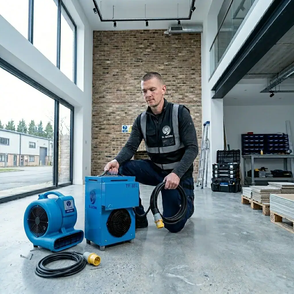 El-Björn TF3 110V Electric Fan Heater Hire London 2 110V electric fan heater in a drying setup for construction site heating and drying hire London