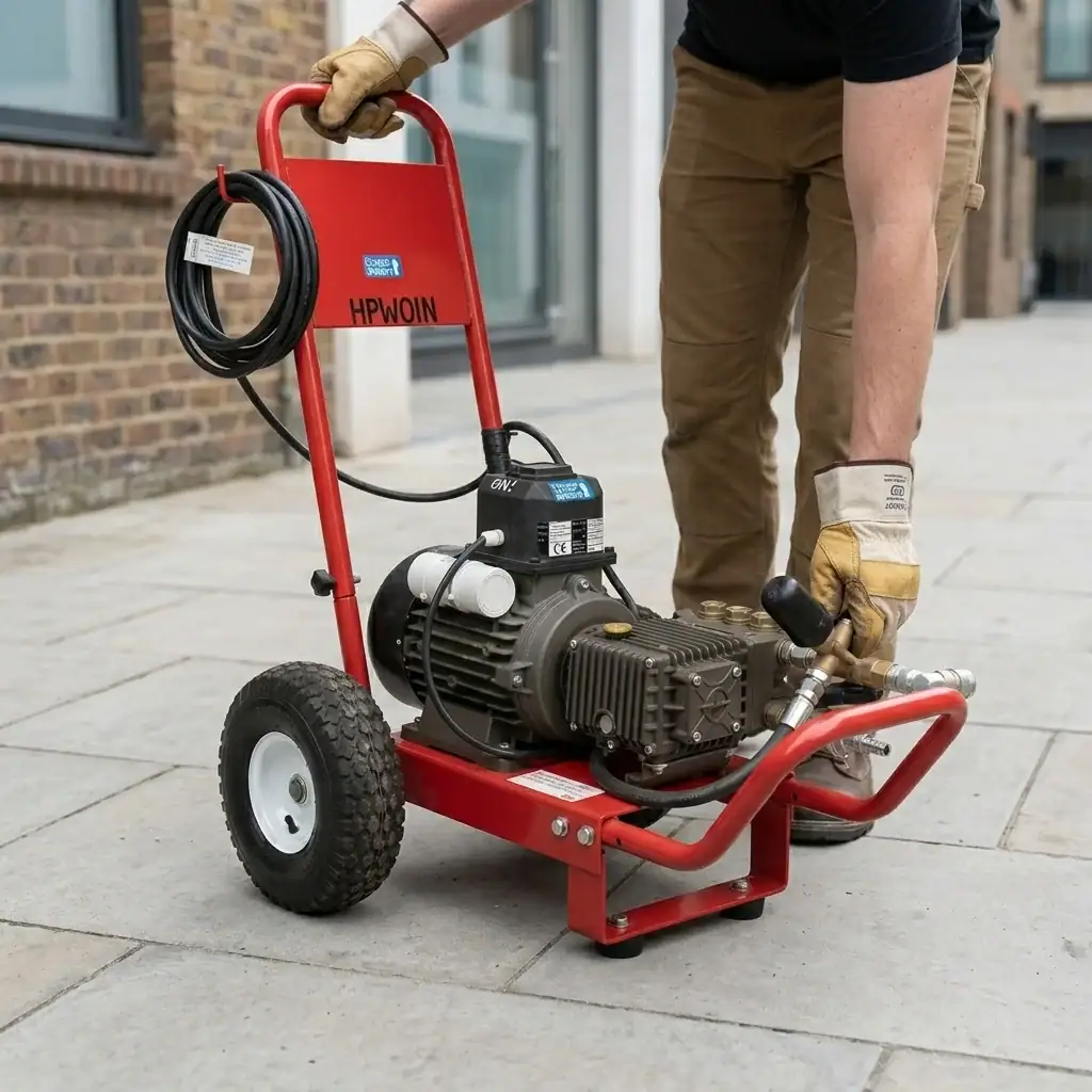 Heavy Duty Pressure Washer Hire London | 240V Cold Water 6 Italian triplex pump detail on Nailsea heavy duty 240V pressure washer for hire