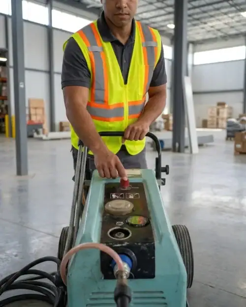 Worker using a cold water pressure washer for cleaning inside a warehouse facility