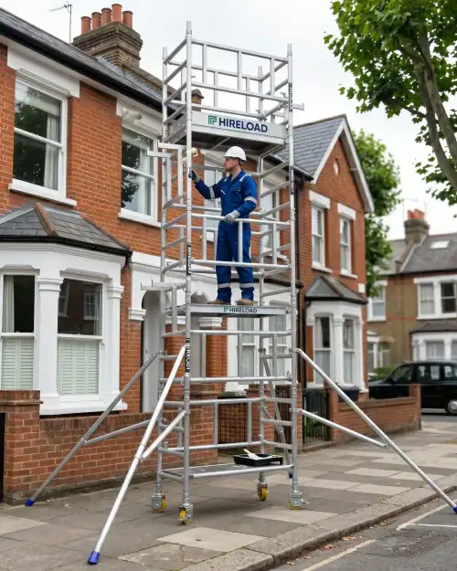 Miniscaff Solo Scaffold Tower Hire 12 Tradesman working from Miniscaff Solo tower on interior finishing job