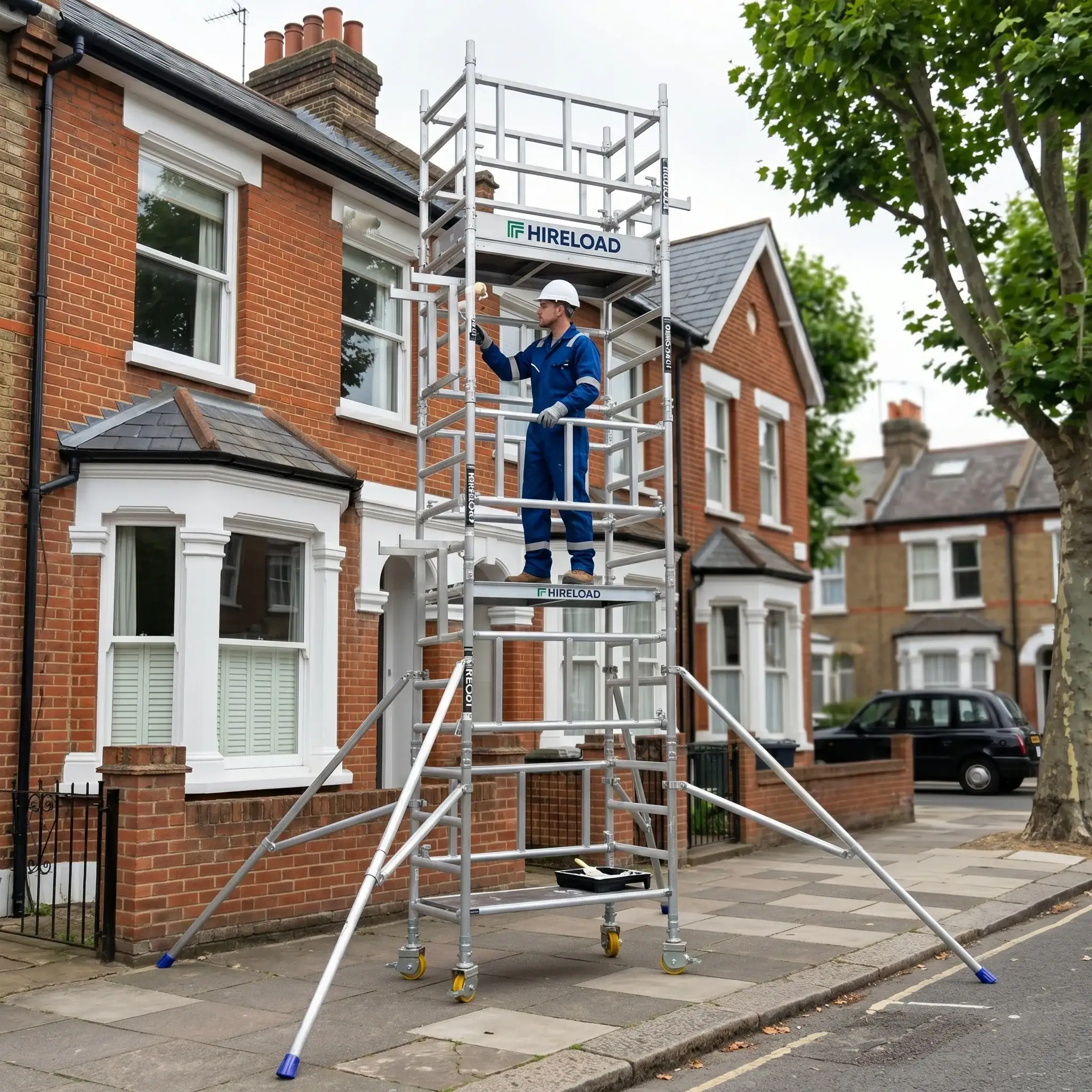 Miniscaff Solo Scaffold Tower Hire 5 Tradesman working from Miniscaff Solo tower on interior finishing job