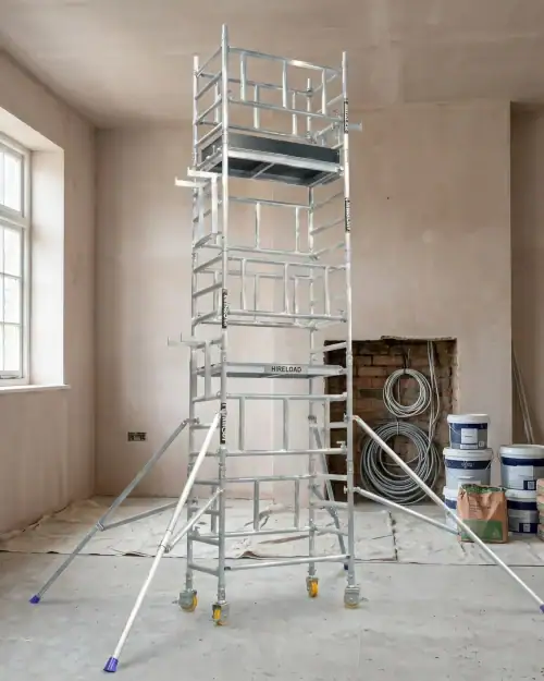 Miniscaff Solo Scaffold Tower Hire 15 Miniscaff Solo one-man tower positioned for retail unit interior works