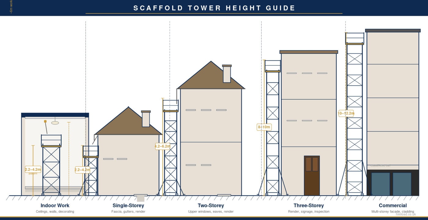 Scaffold tower height guide showing working heights for indoor, single-storey, two-storey, three-storey and commercial buildings