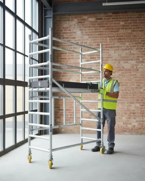 Trade folding scaffold tower hire detail view of folding mechanism and platform