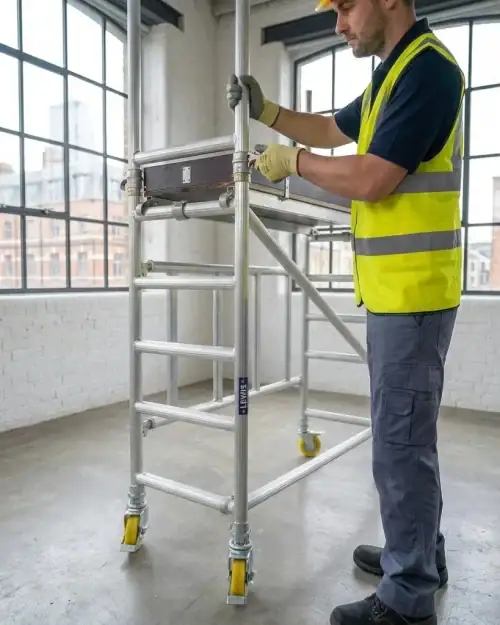 Trade folding scaffold tower hire with stabilisers fitted for safe working at height
