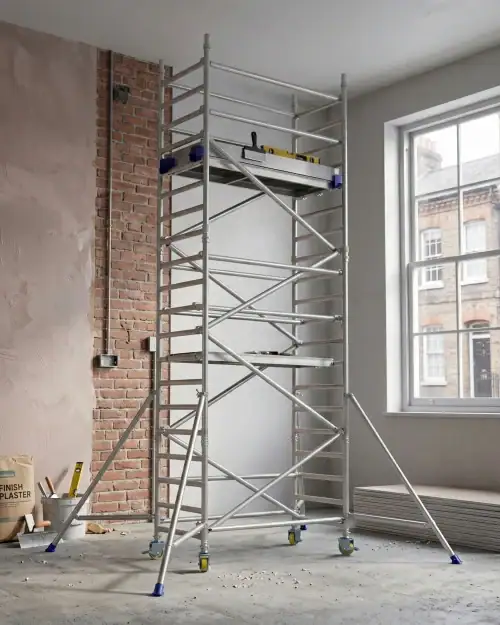 Twin-Access scaffold tower hire with stabilisers fitted for extended working height