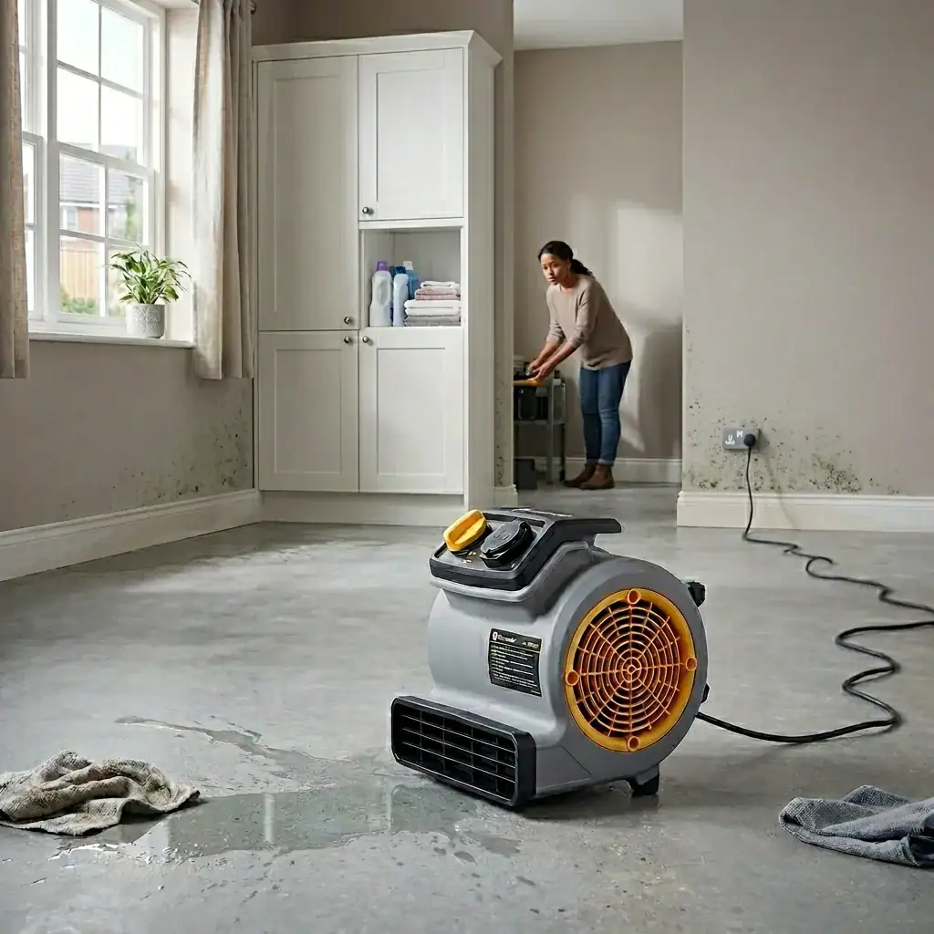 Vacmaster Air Mover 240V Hire London 3 Vacmaster AM1202 air mover positioned on a construction site floor for drying